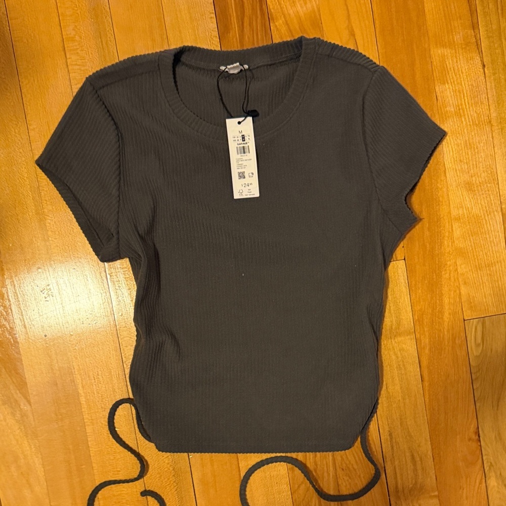 Garage Dark Gray Ribbed Short Sleeve Top